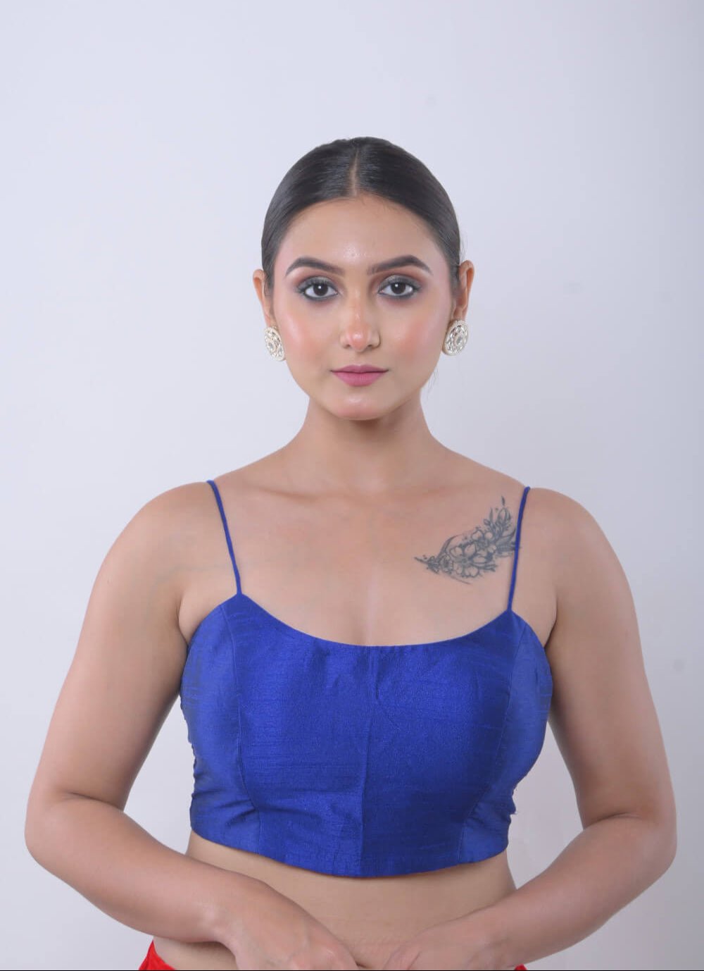 Blue U Neck Blouse with Spaghetti Straps in Raw Silk - Anvi Couture