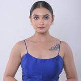 Blue U Neck Blouse with Spaghetti Straps in Raw Silk - Anvi Couture