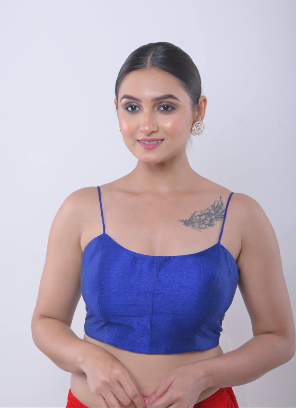 Blue U Neck Blouse with Spaghetti Straps in Raw Silk - Anvi Couture