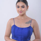 Blue U Neck Blouse with Spaghetti Straps in Raw Silk - Anvi Couture