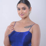 Blue U Neck Blouse with Spaghetti Straps in Raw Silk - Anvi Couture