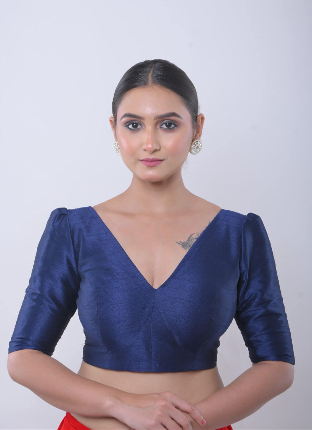 Teal Blue V Neck Blouse in Raw Silk with Puff Sleeves - Anvi Couture - Image 1