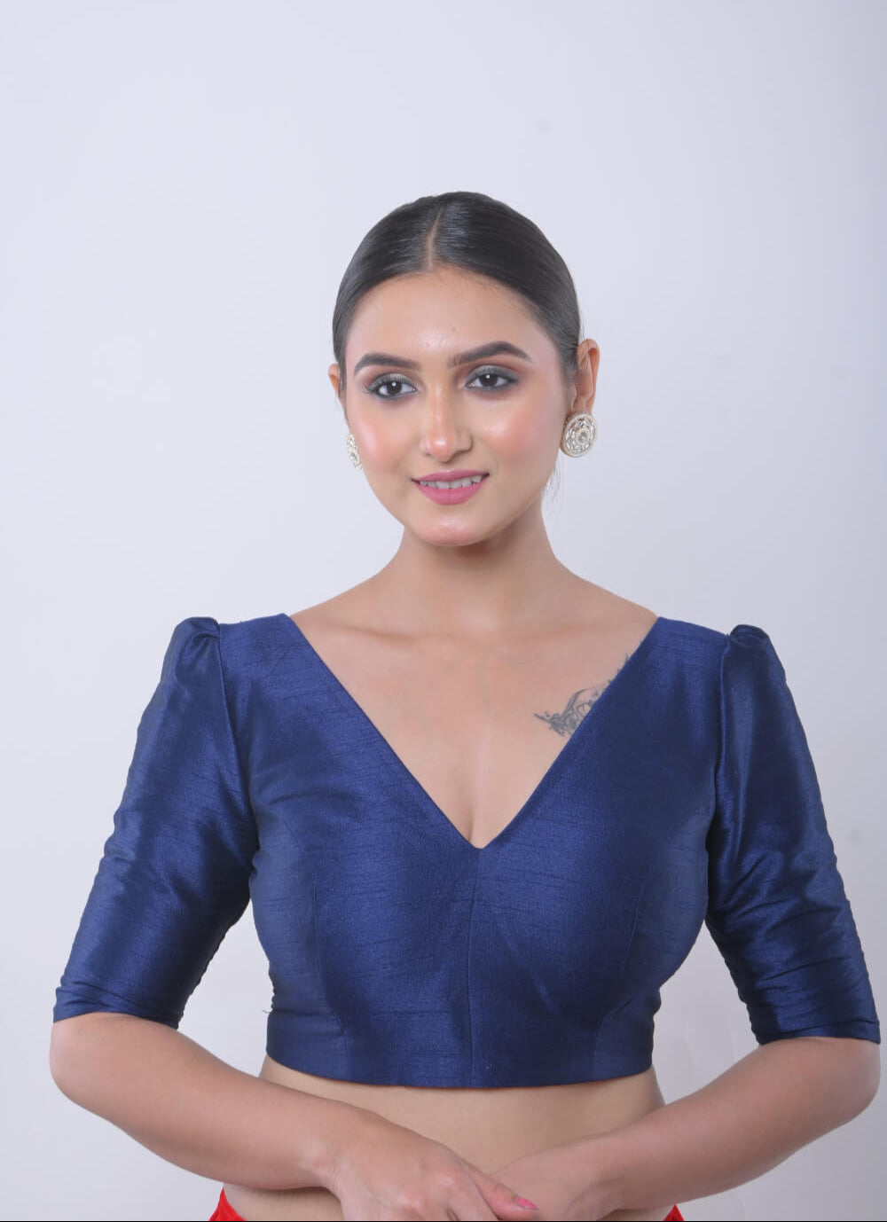 Teal Blue V Neck Blouse in Raw Silk with Puff Sleeves - Anvi Couture - Image 2