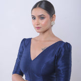 Teal Blue V Neck Blouse in Raw Silk with Puff Sleeves - Anvi Couture - Image 3