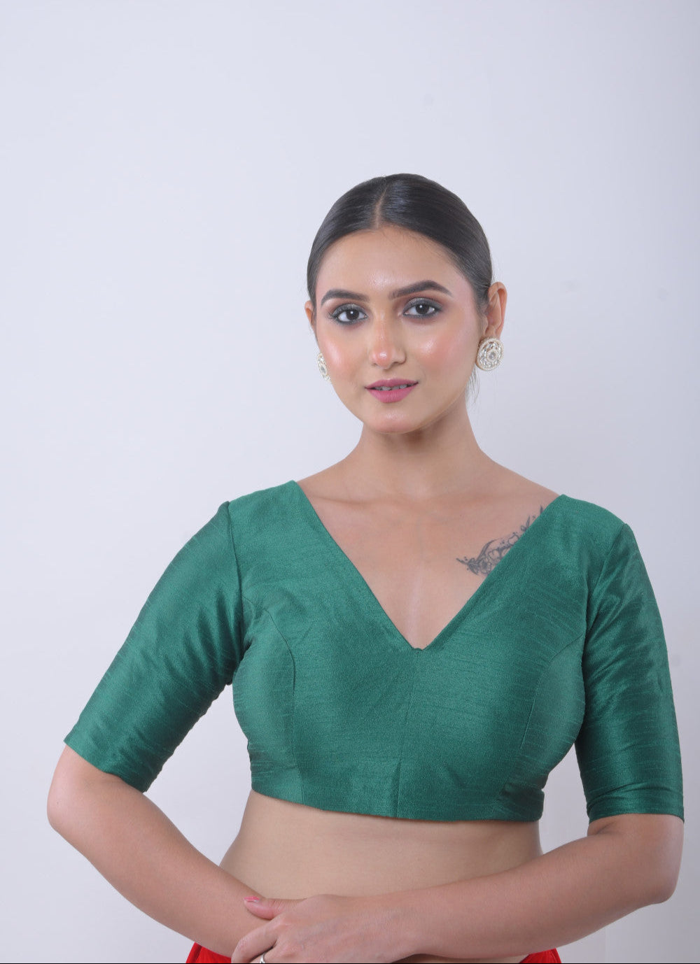 Green V Neck Blouse in Raw Silk with Half Sleeves and Back Closure - Anvi Couture - Image 1