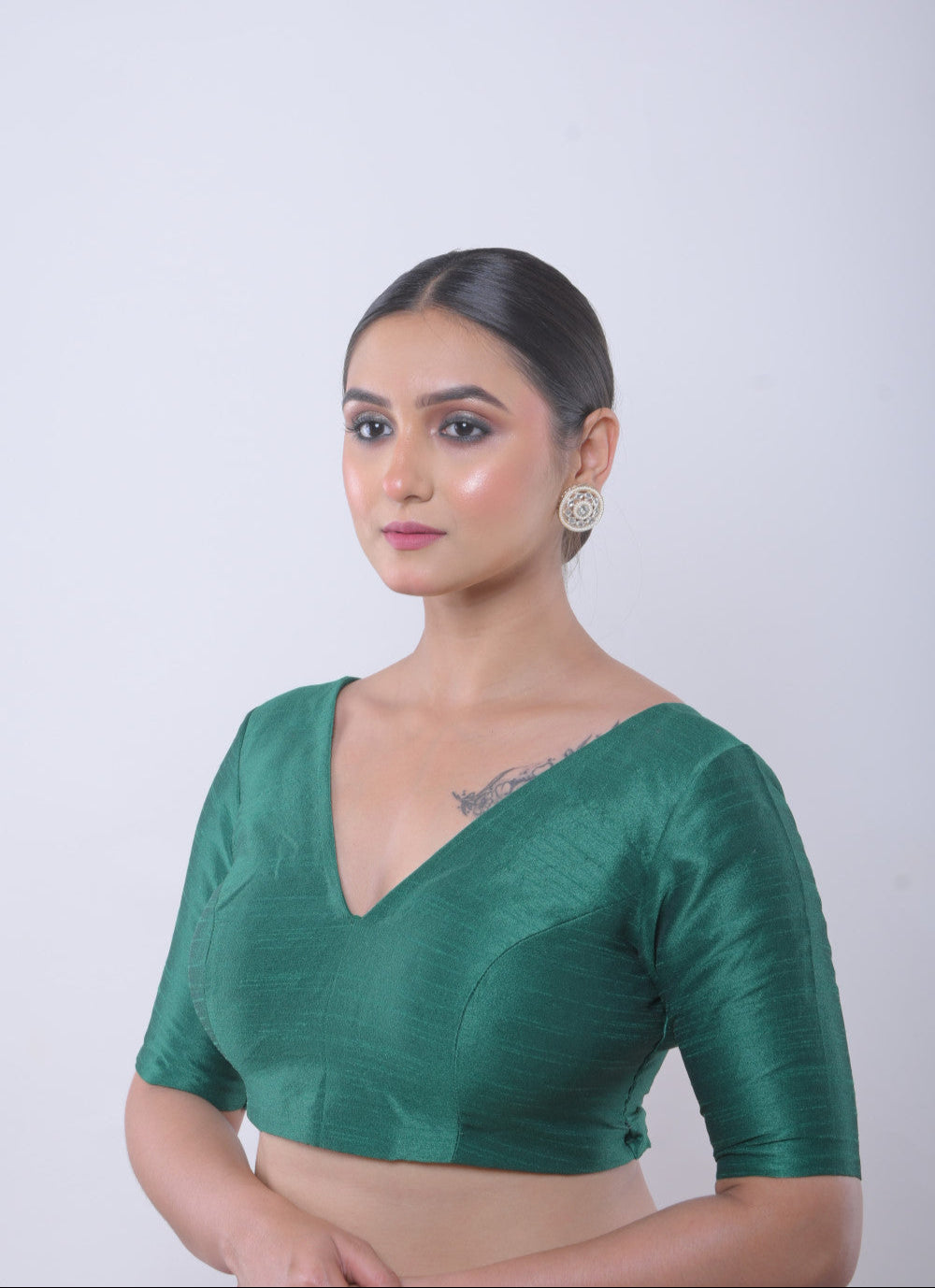 Green V Neck Blouse in Raw Silk with Half Sleeves and Back Closure - Anvi Couture - Image 2