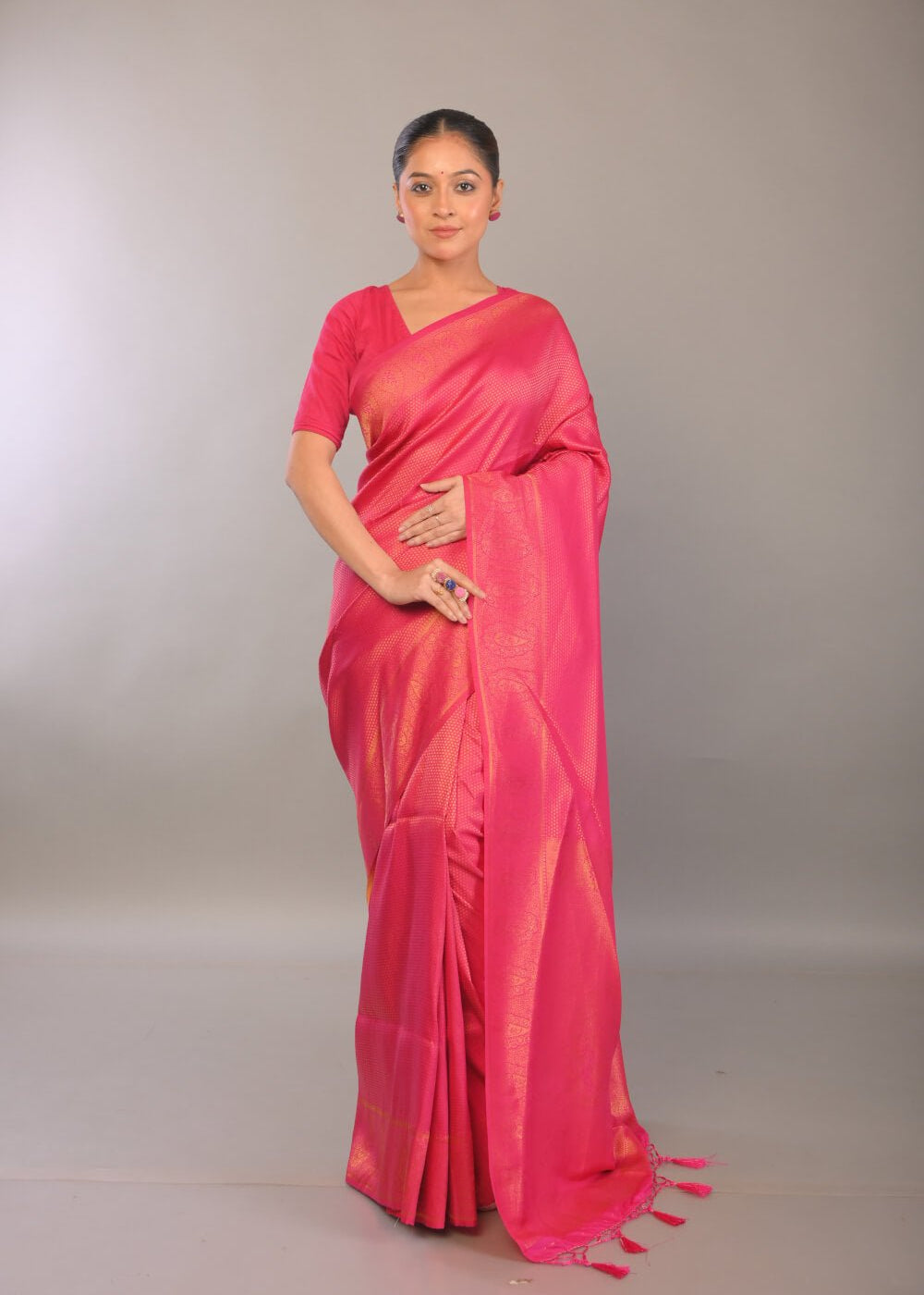 Pink South Indian Silk Saree with Gold Self Design - Anvi Couture