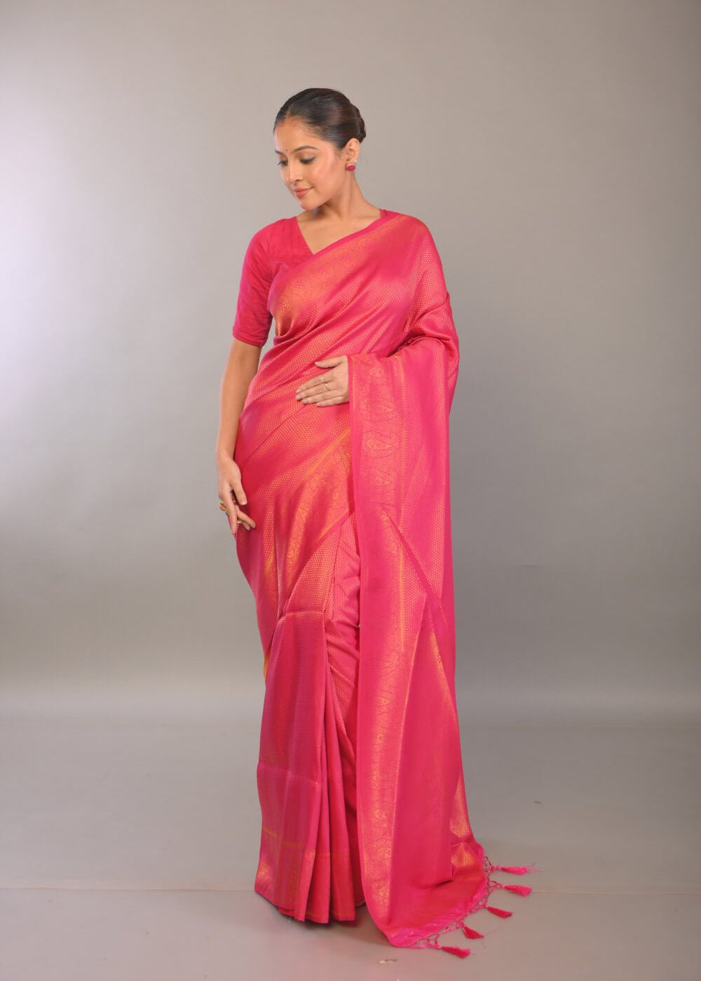 Pink South Indian Silk Saree with Gold Self Design - Anvi Couture