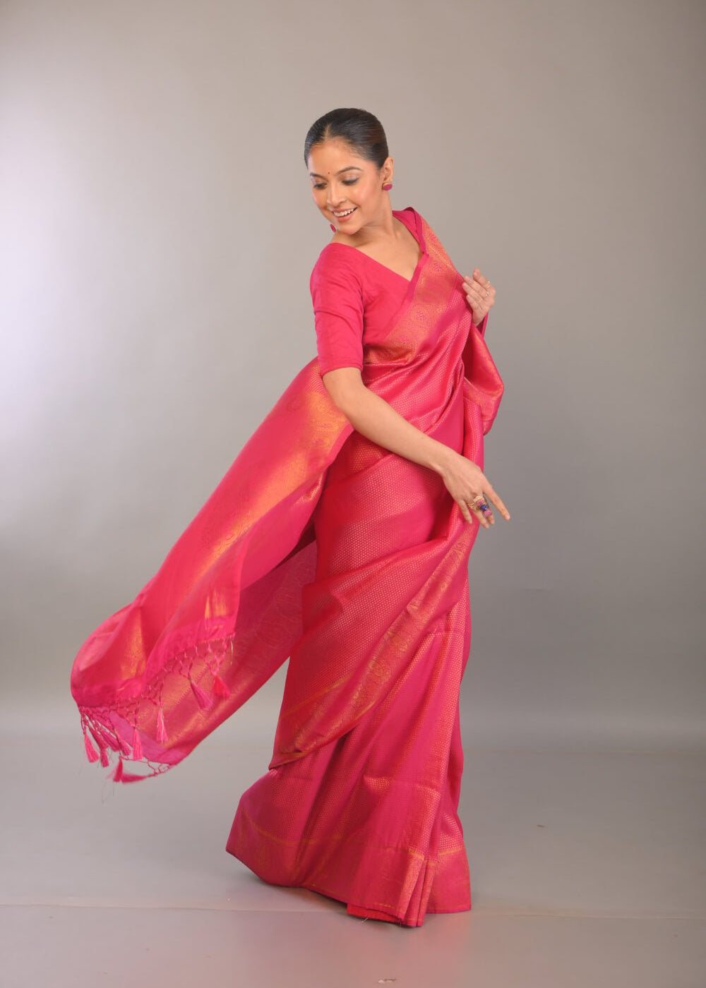 Pink South Indian Silk Saree with Gold Self Design - Anvi Couture