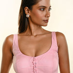 Baby Pink Sleeveless Organza Blouse with front open U Neckline- Anvi Couture