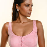 Baby Pink Sleeveless Organza Blouse with front open U Neckline- Anvi Couture