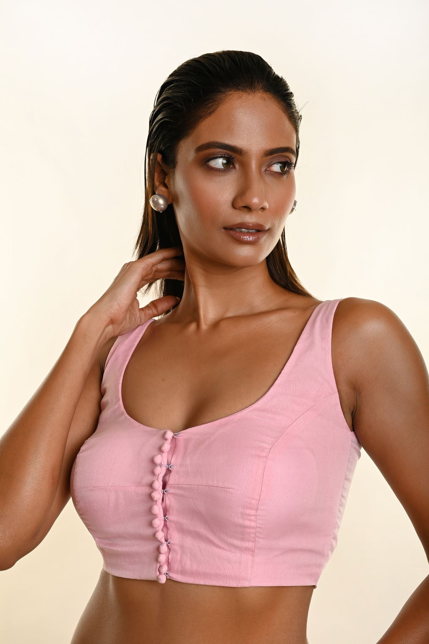 Baby Pink Sleeveless Organza Blouse with front open U Neckline- Anvi Couture