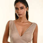 Taupe Brown Sleeveless Organza Blouse with Plunging V-Neckline- Anvi Couture