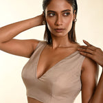 Taupe Brown Sleeveless Organza Blouse with Plunging V-Neckline- Anvi Couture