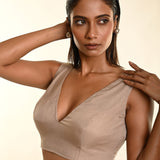 Taupe Brown Sleeveless Organza Blouse with Plunging V-Neckline- Anvi Couture