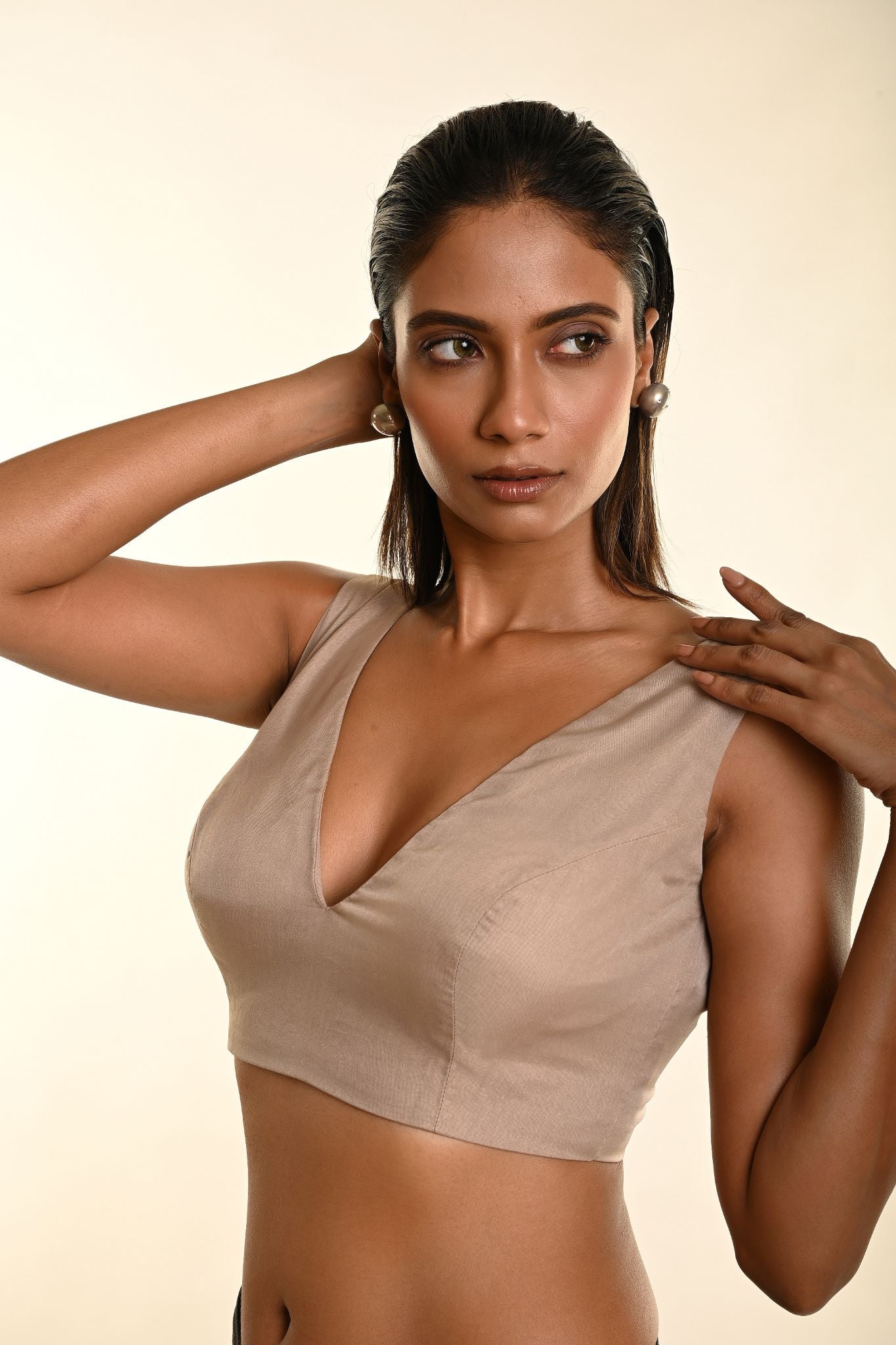 Taupe Brown Sleeveless Organza Blouse with Plunging V-Neckline- Anvi Couture