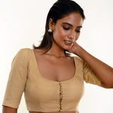 Biscuit Brown Organza Blouse with U-Neckline- Anvi Couture