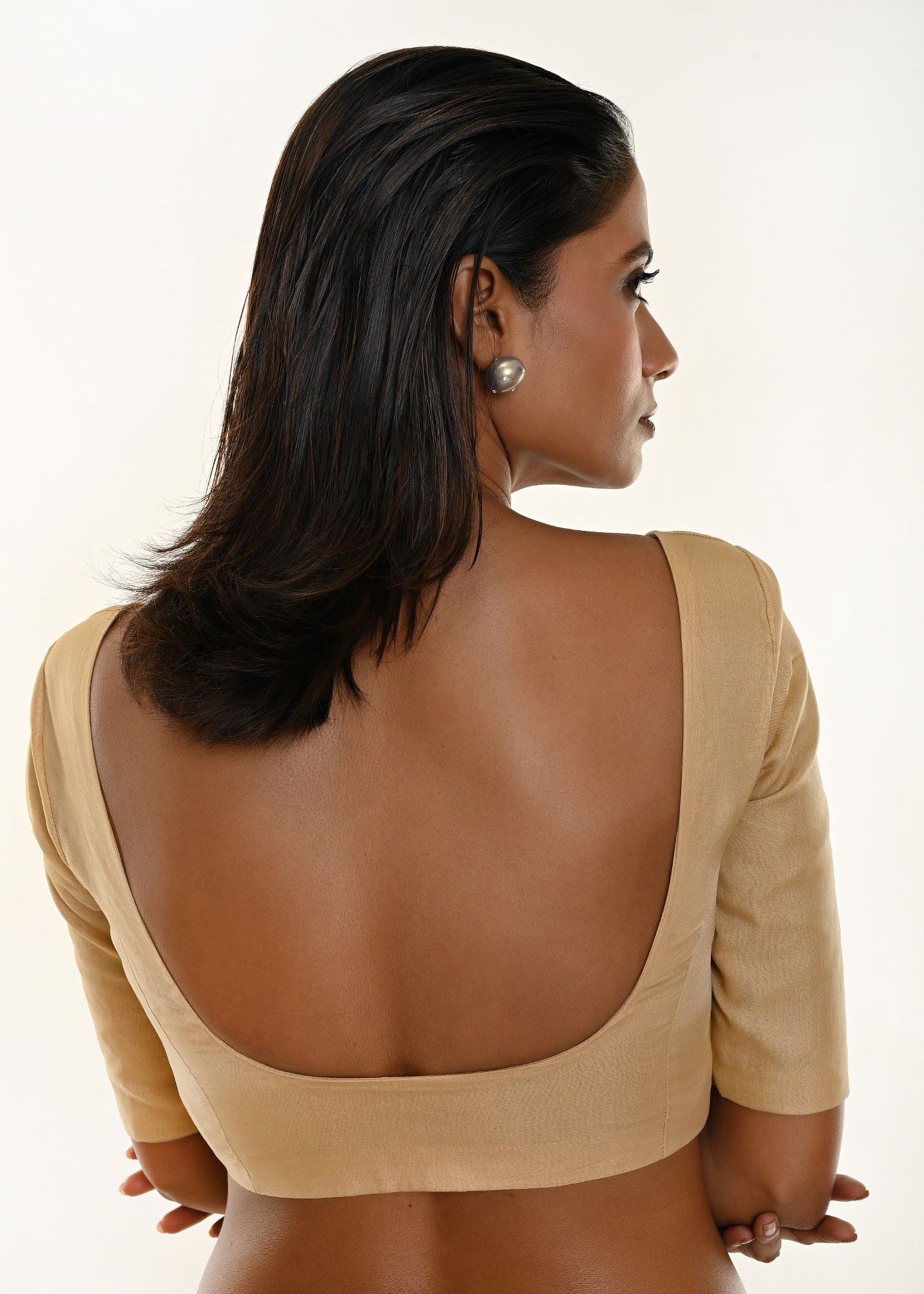 Biscuit Brown Organza Blouse with U-Neckline- Anvi Couture