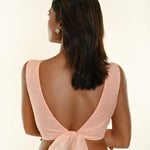 Light Peach Boatneck Back Bow Tie-up Organza Blouse - Anvi Couture