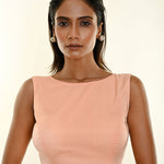 Light Peach Boatneck Back Bow Tie-up Organza Blouse - Anvi Couture