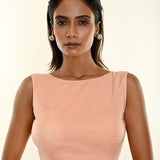 Light Peach Boatneck Back Bow Tie-up Organza Blouse - Anvi Couture