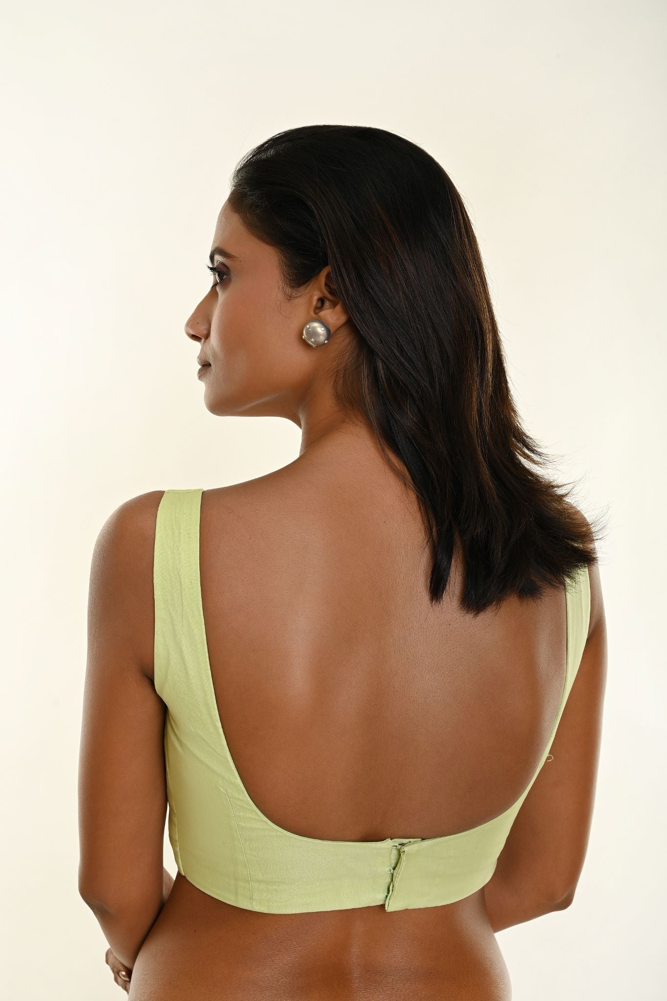 Mint Green Deep U-Neck line  Sleeveless Organza Blouse - Anvi Couture