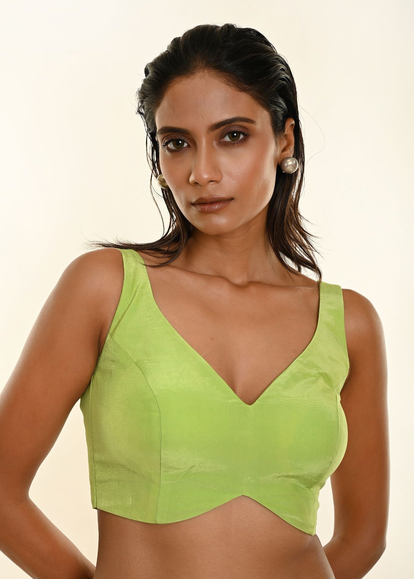 Pista Green Sweetheart Neckline Sleeveless Crepe Silk Blouse - Anvi Couture