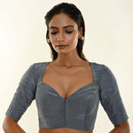 Slate Grey Crepe Silk Blouse with Sweetheart Neckline and Elbow-Length Sleeves Description - Anvi Couture