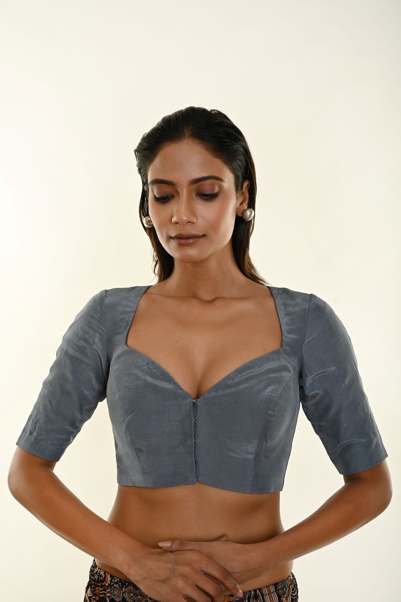 Slate Grey Crepe Silk Blouse with Sweetheart Neckline and Elbow-Length Sleeves Description - Anvi Couture