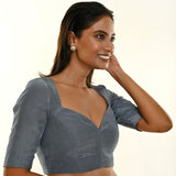 Slate Grey Crepe Silk Blouse with Sweetheart Neckline and Elbow-Length Sleeves Description - Anvi Couture