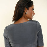 Slate Grey Crepe Silk Blouse with Sweetheart Neckline and Elbow-Length Sleeves Description - Anvi Couture