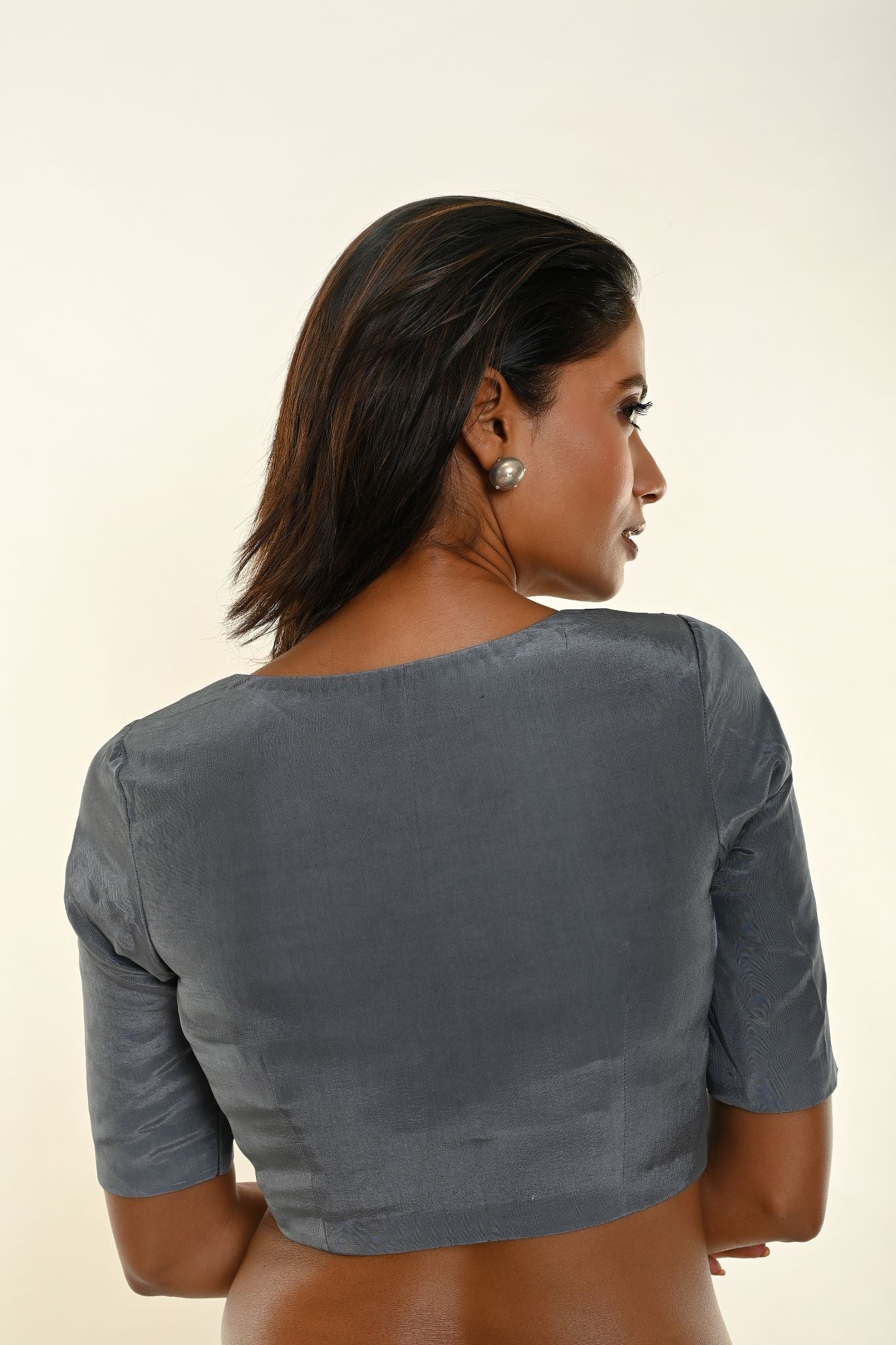 Slate Grey Crepe Silk Blouse with Sweetheart Neckline and Elbow-Length Sleeves Description - Anvi Couture