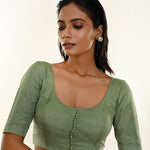 Sap Green Elbow Sleeve Organza Blouse with Deep U Neckline and Front Button Hook Closure - Anvi Couture