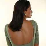 Sap Green Elbow Sleeve Organza Blouse with Deep U Neckline and Front Button Hook Closure - Anvi Couture