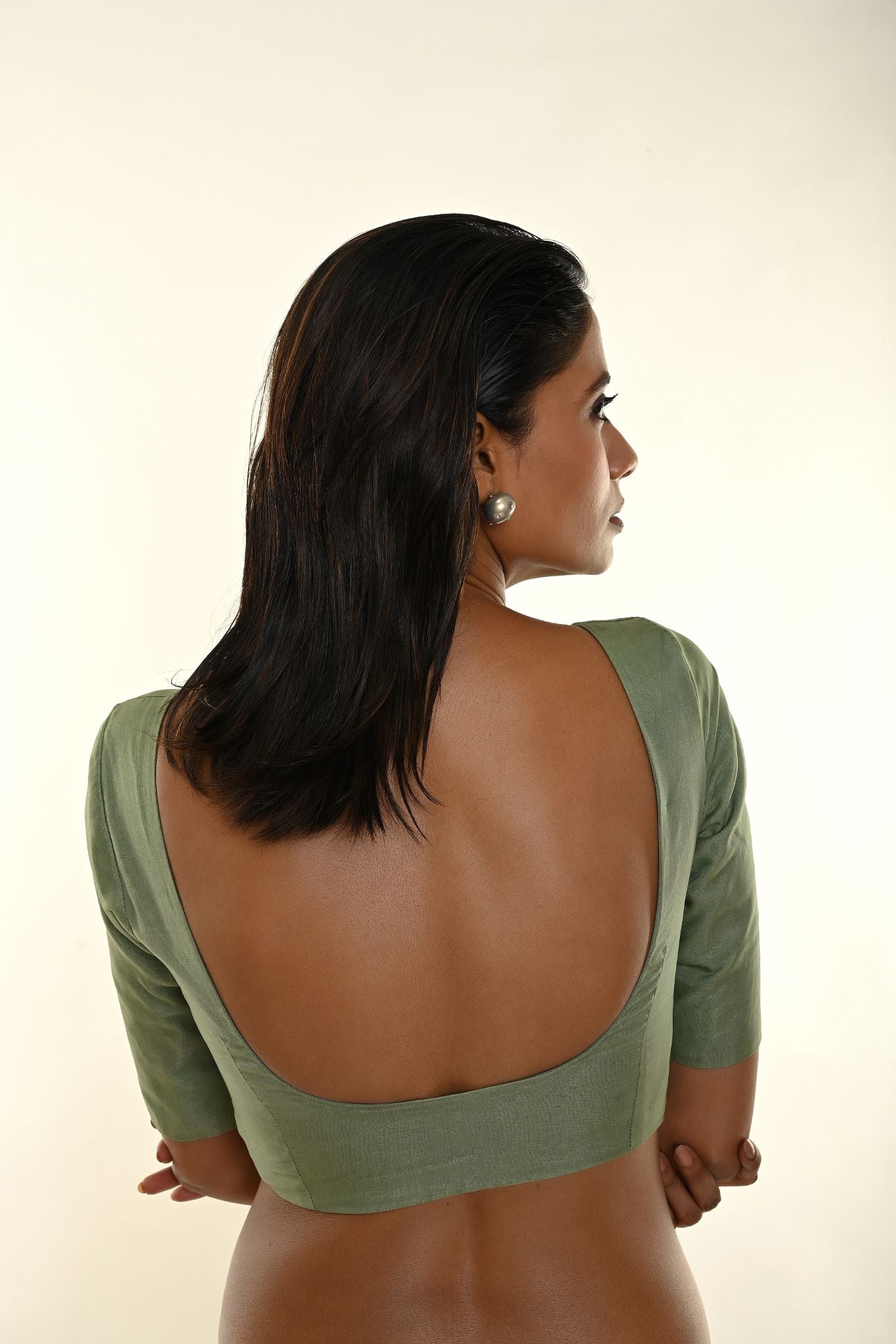 Sap Green Elbow Sleeve Organza Blouse with Deep U Neckline and Front Button Hook Closure - Anvi Couture