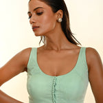 Aqua Blue Sleeveless Blouse with Deep U Neckline and Front Button Hook Closure - Anvi Couture