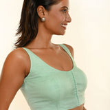 Aqua Blue Sleeveless Blouse with Deep U Neckline and Front Button Hook Closure - Anvi Couture