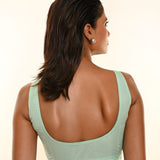 Aqua Blue Sleeveless Blouse with Deep U Neckline and Front Button Hook Closure - Anvi Couture