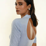 Pastel Blue Leaf Neckline Back Cut Organza Blouse - Anvi Couture