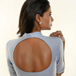 Pastel Blue Leaf Neckline Back Cut Organza Blouse - Anvi Couture