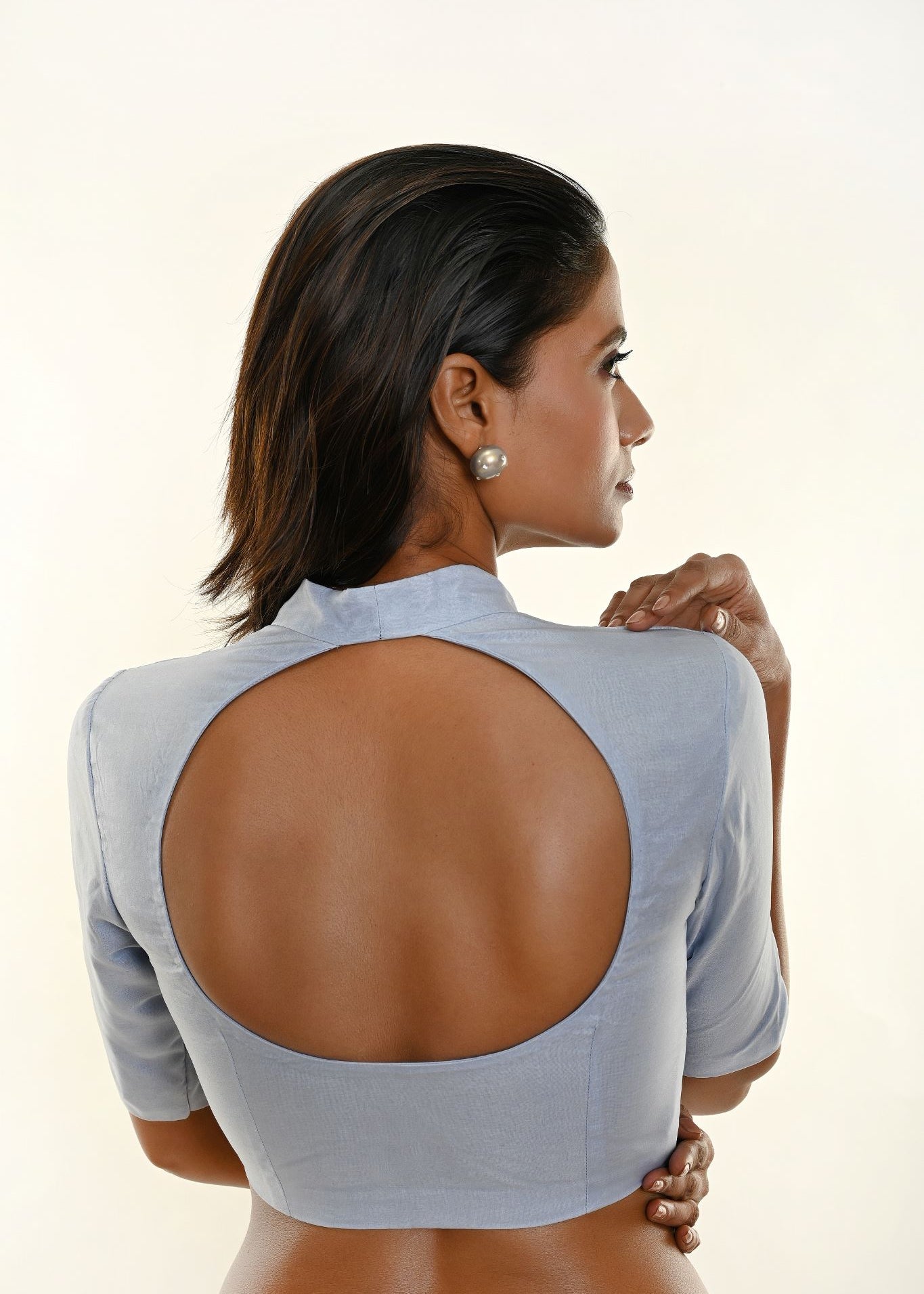 Pastel Blue Leaf Neckline Back Cut Organza Blouse - Anvi Couture