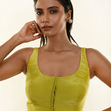 Olive Green Sleeveless Blouse with Deep U Neckline and Front Button Hook Closure - Anvi Couture