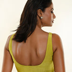 Olive Green Sleeveless Blouse with Deep U Neckline and Front Button Hook Closure - Anvi Couture