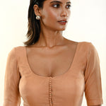 Peach Color Elbow Sleeve Organza Blouse with Deep U Neckline and Front Button Hook Closure - Anvi Couture