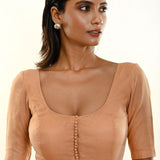 Peach Color Elbow Sleeve Organza Blouse with Deep U Neckline and Front Button Hook Closure - Anvi Couture