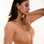 Peach Color Elbow Sleeve Organza Blouse with Deep U Neckline and Front Button Hook Closure - Anvi Couture