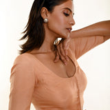 Peach Color Elbow Sleeve Organza Blouse with Deep U Neckline and Front Button Hook Closure - Anvi Couture