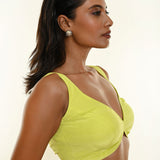 Lime Green Blouse with Plunging Sweetheart Neckline and Back Button Closure - Anvi Couture