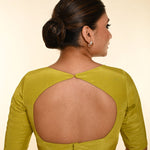 Olive Green Silk Crepe Blouse with Boatneck Neckline and Elbow Sleeve - Anvi Couture