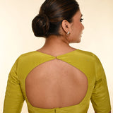 Olive Green Silk Crepe Blouse with Boatneck Neckline and Elbow Sleeve - Anvi Couture